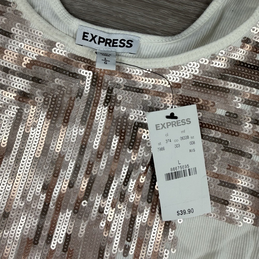 Express Women's Sleeveless Gold Sequin Design Tank Top White Large New - Picture 4 of 7